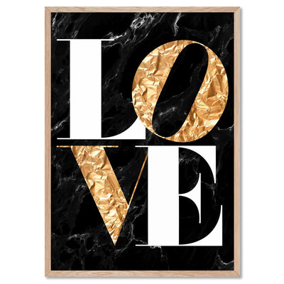 Iconic Love in faux gold & black marble - Art Print, Poster, Stretched Canvas, or Framed Wall Art Print, shown in a natural timber frame