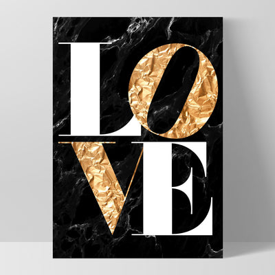 Iconic Love in faux gold & black marble - Art Print, Poster, Stretched Canvas, or Framed Wall Art Print, shown as a stretched canvas or poster without a frame