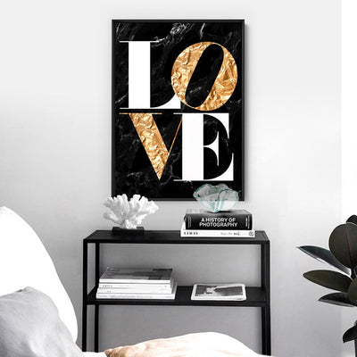 Iconic Love in faux gold & black marble - Art Print, Poster, Stretched Canvas or Framed Wall Art Prints, shown framed in a room