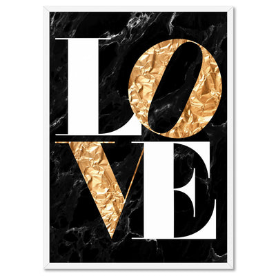 Iconic Love in faux gold & black marble - Art Print, Poster, Stretched Canvas, or Framed Wall Art Print, shown in a white frame