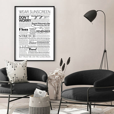 Everybody's Free (to Wear Sunscreen) Lyrics - Art Print, Poster, Stretched Canvas or Framed Wall Art Prints, shown framed in a room