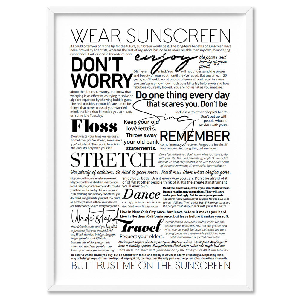 Everybody's Free (to Wear Sunscreen) Lyrics - Art Print, Poster, Stretched Canvas, or Framed Wall Art Print, shown in a white frame