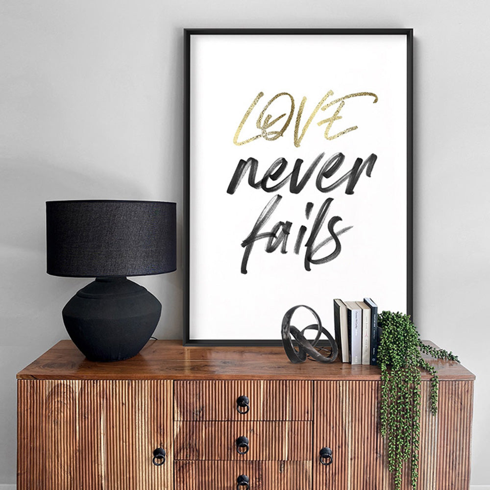 Love Never Fails - Art Print, Poster, Stretched Canvas or Framed Wall Art Prints, shown framed in a room