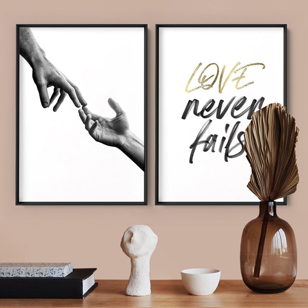 Love Never Fails - Art Print, Poster, Stretched Canvas or Framed Wall Art, shown framed in a home interior space
