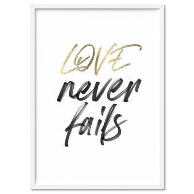 Love Never Fails - Art Print, Poster, Stretched Canvas, or Framed Wall Art Print, shown in a white frame