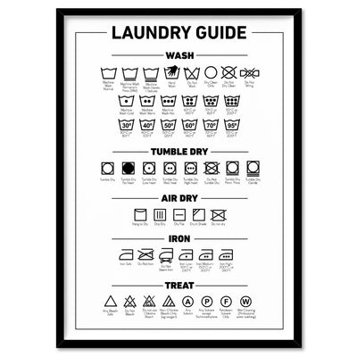 Laundry Guide | Care Symbols Chart - Art Print, Poster, Stretched Canvas, or Framed Wall Art Print, shown in a black frame