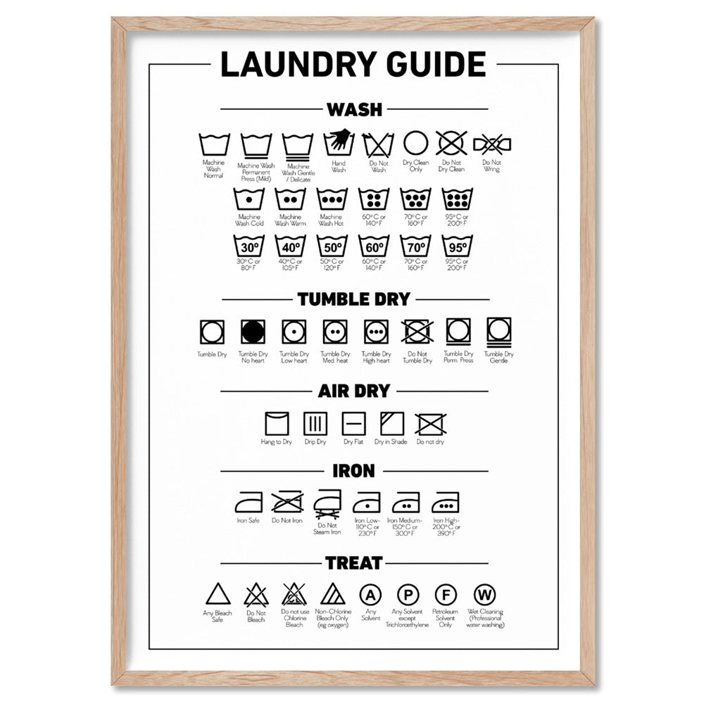 Laundry Guide | Care Symbols Chart - Art Print, Poster, Stretched Canvas, or Framed Wall Art Print, shown in a natural timber frame