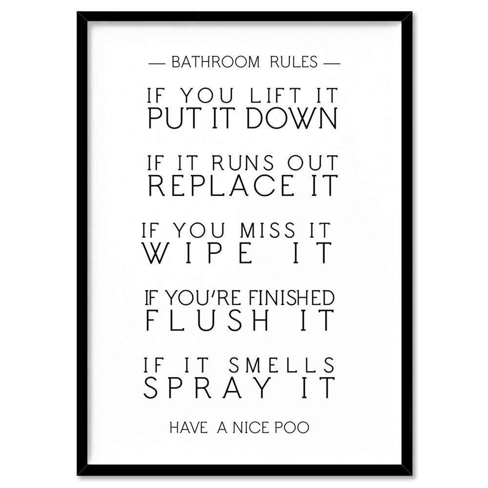 Bathroom Toilet Rules | Have a Nice Poo - Art Print, Poster, Stretched Canvas, or Framed Wall Art Print, shown in a black frame