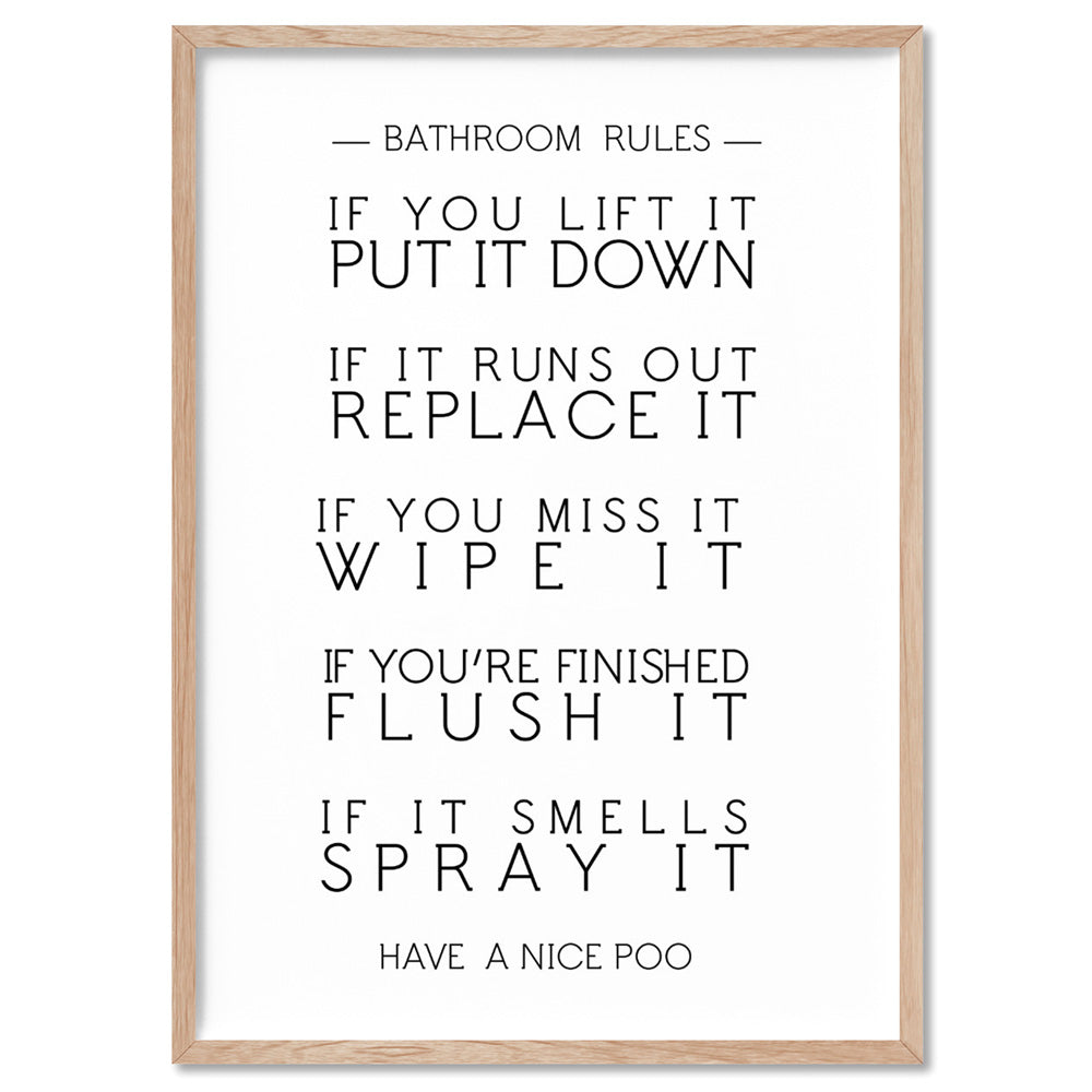 Bathroom Toilet Rules | Have a Nice Poo - Art Print, Poster, Stretched Canvas, or Framed Wall Art Print, shown in a natural timber frame