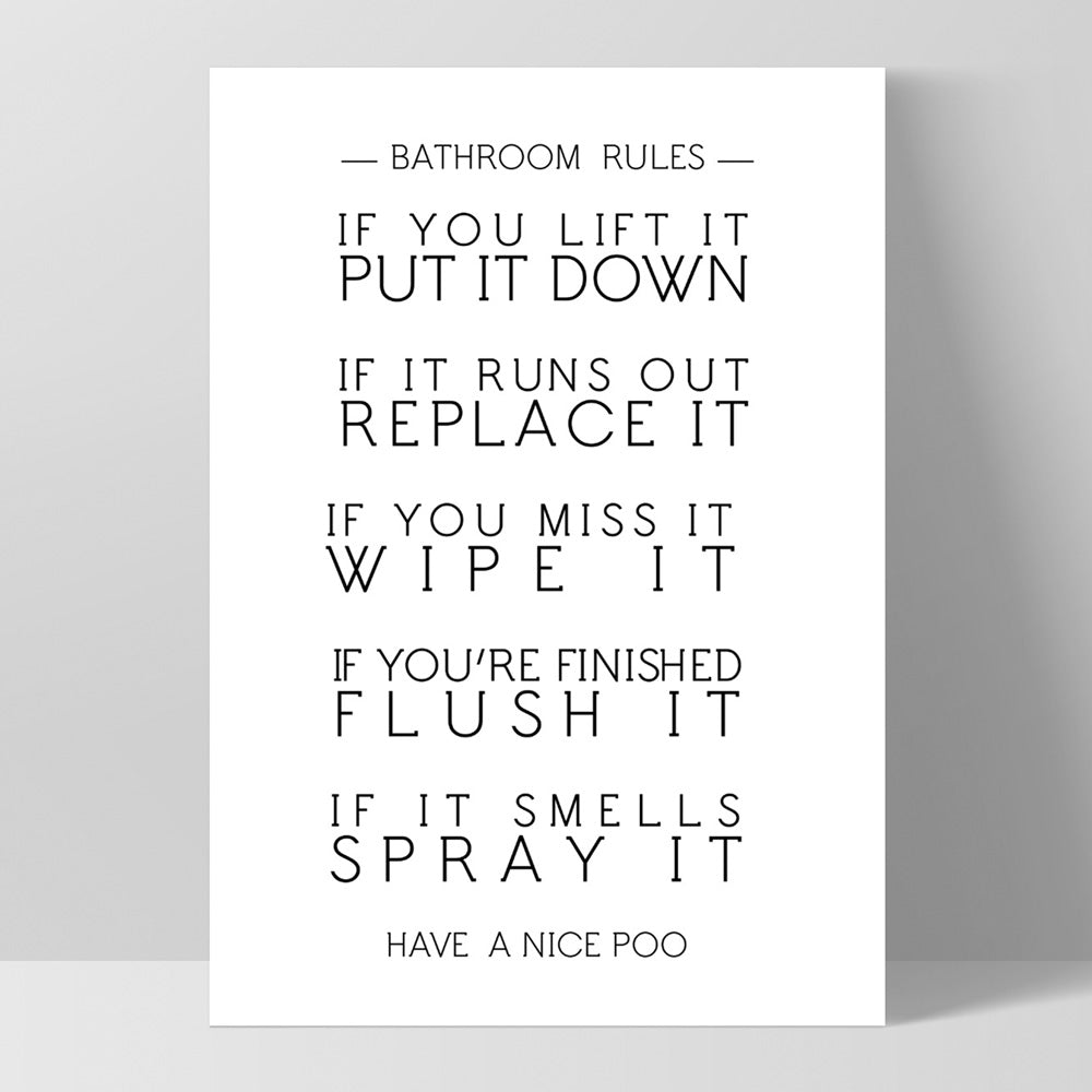 Bathroom Toilet Rules | Have a Nice Poo - Art Print, Poster, Stretched Canvas, or Framed Wall Art Print, shown as a stretched canvas or poster without a frame