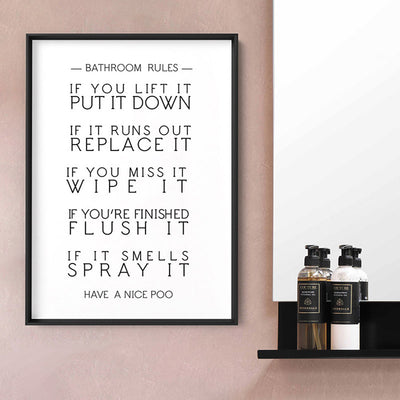 Bathroom Toilet Rules | Have a Nice Poo - Art Print, Poster, Stretched Canvas or Framed Wall Art Prints, shown framed in a room