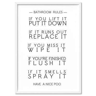 Bathroom Toilet Rules | Have a Nice Poo - Art Print, Poster, Stretched Canvas, or Framed Wall Art Print, shown in a white frame