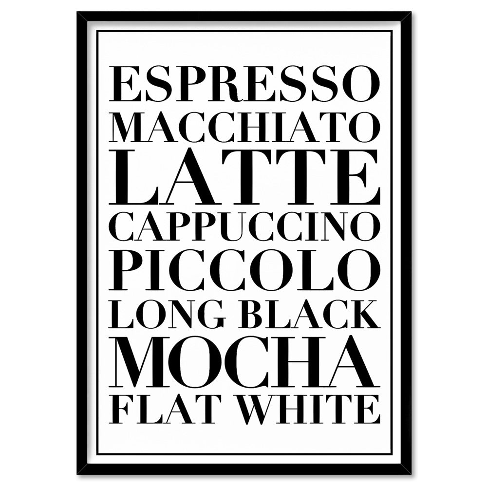 The Coffee List (white) - Art Print, Poster, Stretched Canvas, or Framed Wall Art Print, shown in a black frame