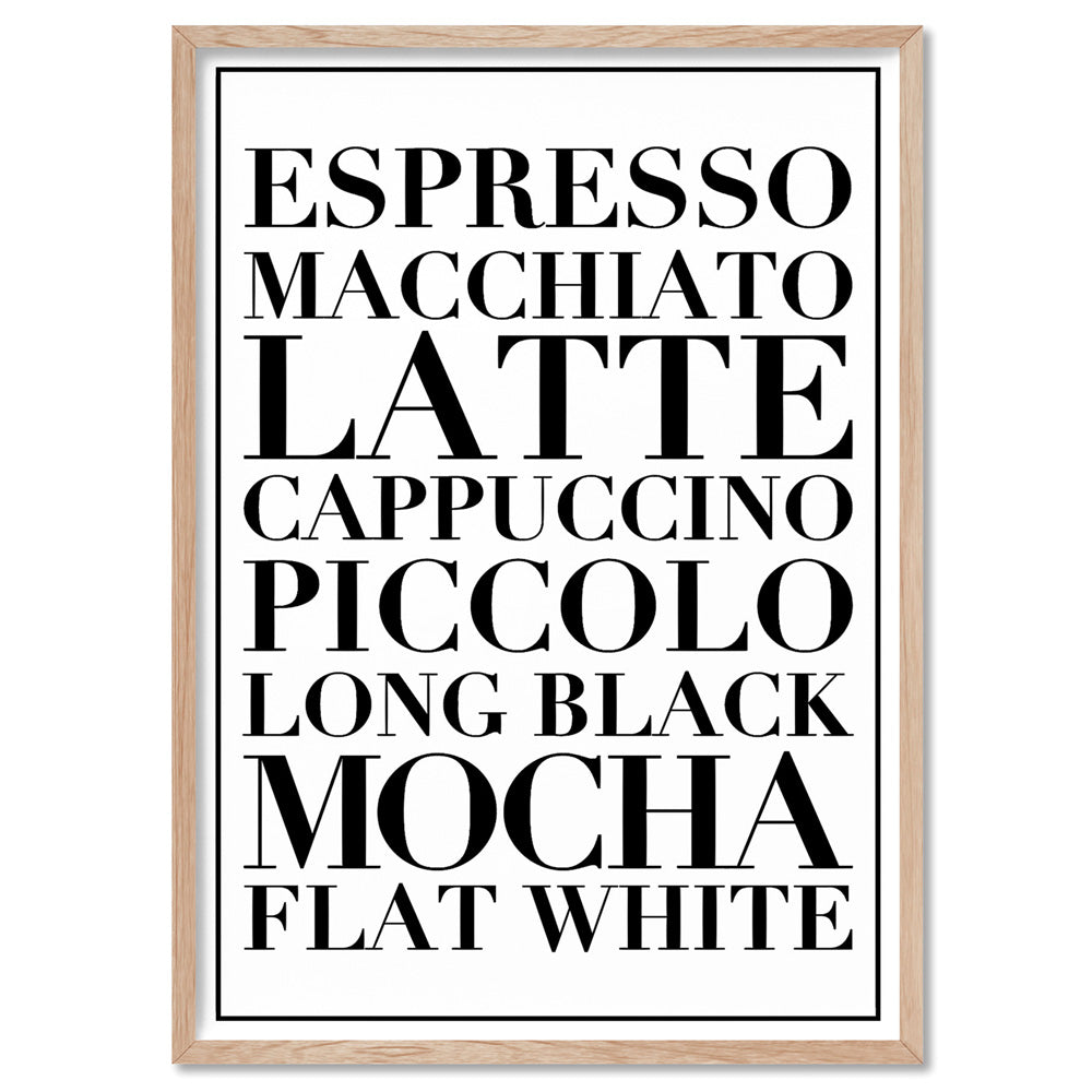 The Coffee List (white) - Art Print, Poster, Stretched Canvas, or Framed Wall Art Print, shown in a natural timber frame