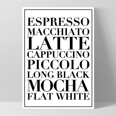 The Coffee List (white) - Art Print, Poster, Stretched Canvas, or Framed Wall Art Print, shown as a stretched canvas or poster without a frame