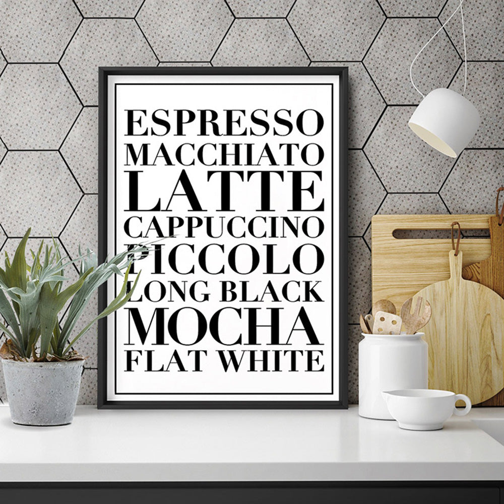The Coffee List (white) - Art Print, Poster, Stretched Canvas or Framed Wall Art Prints, shown framed in a room