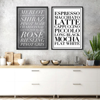 The Coffee List (white) - Art Print, Poster, Stretched Canvas or Framed Wall Art, shown framed in a home interior space