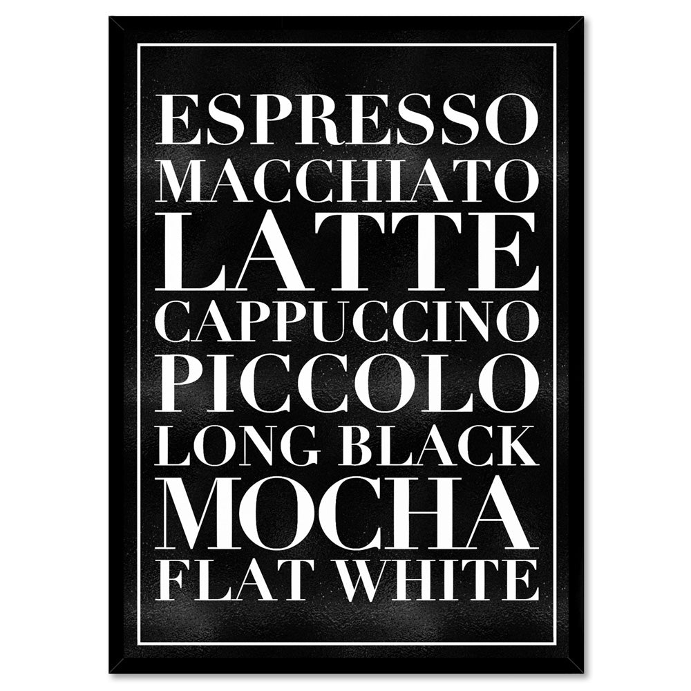 The Coffee List (blk) - Art Print, Poster, Stretched Canvas, or Framed Wall Art Print, shown in a black frame