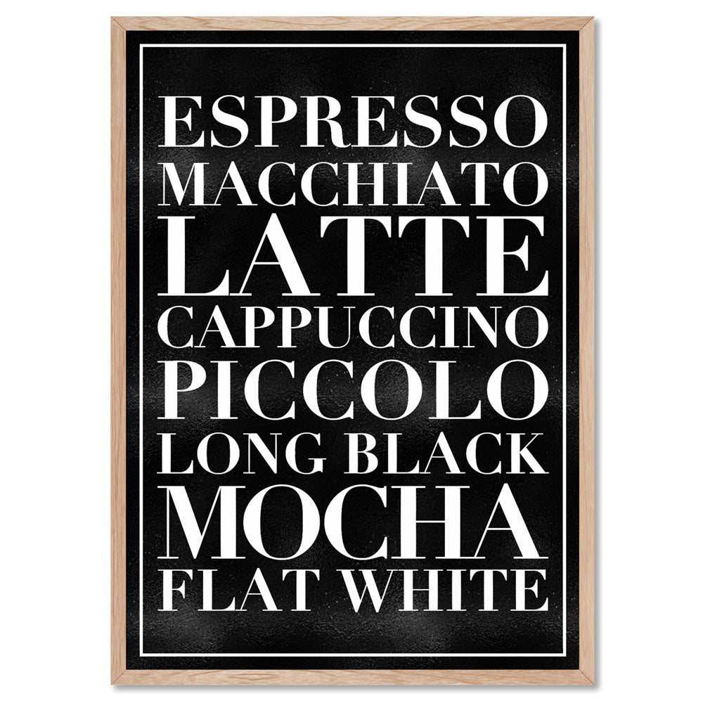 The Coffee List (blk) - Art Print, Poster, Stretched Canvas, or Framed Wall Art Print, shown in a natural timber frame