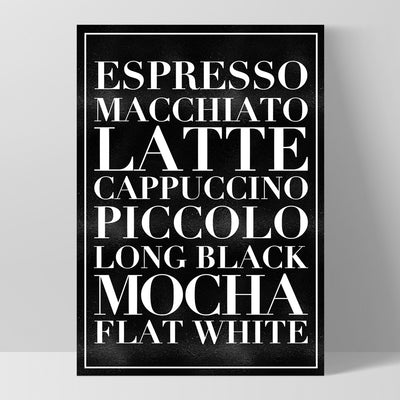 The Coffee List (blk) - Art Print, Poster, Stretched Canvas, or Framed Wall Art Print, shown as a stretched canvas or poster without a frame