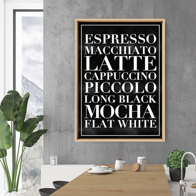 The Coffee List (blk) - Art Print, Poster, Stretched Canvas or Framed Wall Art Prints, shown framed in a room