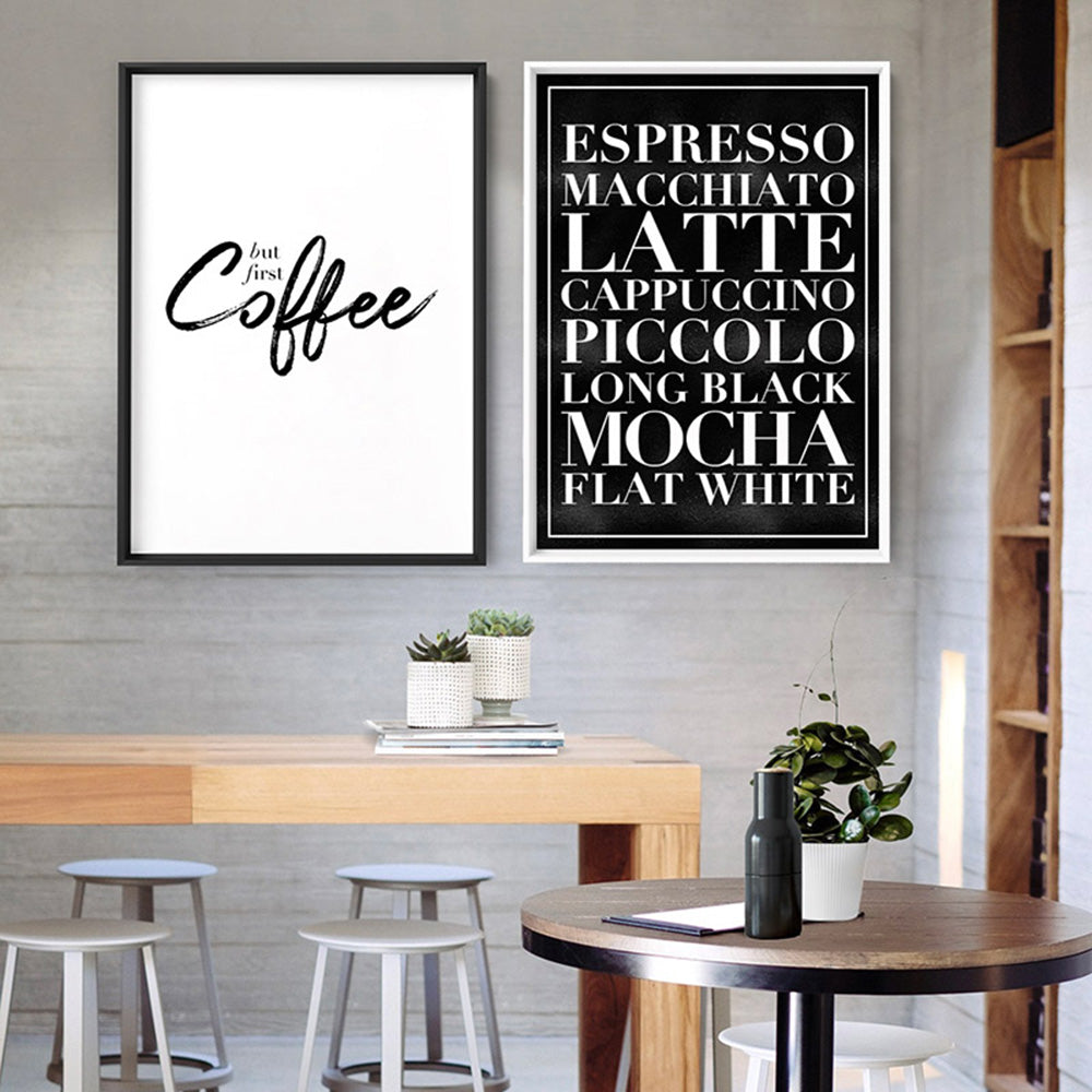 The Coffee List (blk) - Art Print, Poster, Stretched Canvas or Framed Wall Art, shown framed in a home interior space