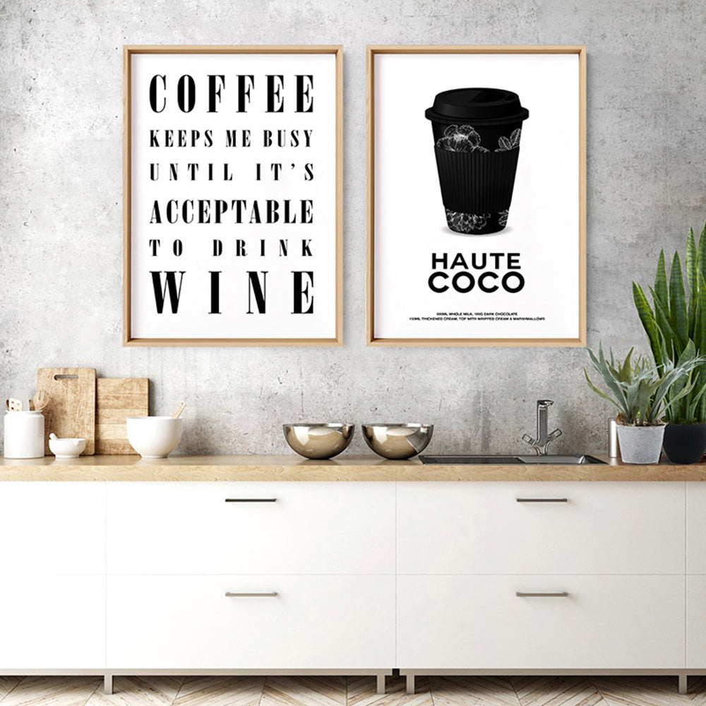 Coffee Keeps Me Busy - Art Print, Poster, Stretched Canvas or Framed Wall Art, shown framed in a home interior space