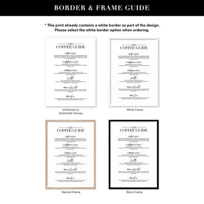 The Coffee Guide - Art Print, Poster, Stretched Canvas or Framed Wall Art, Showing White , Black, Natural Frame Colours, No Frame (Unframed) or Stretched Canvas, and With or Without White Borders