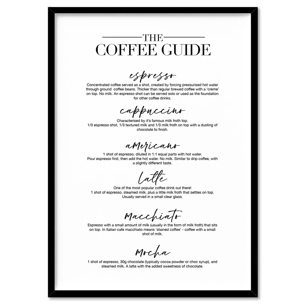 The Coffee Guide - Art Print, Poster, Stretched Canvas, or Framed Wall Art Print, shown in a black frame