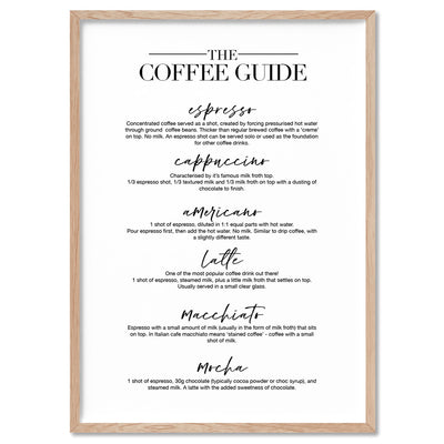 The Coffee Guide - Art Print, Poster, Stretched Canvas, or Framed Wall Art Print, shown in a natural timber frame