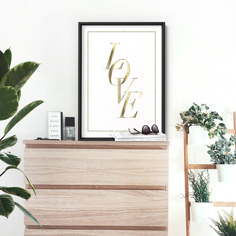 Love is Gold (faux look foil) - Art Print, Poster, Stretched Canvas or Framed Wall Art Prints, shown framed in a room