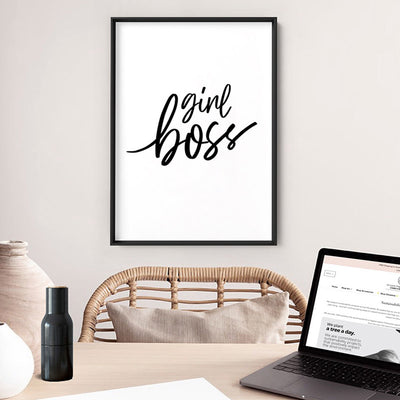 Girl Boss Type - Art Print, Poster, Stretched Canvas or Framed Wall Art Prints, shown framed in a room