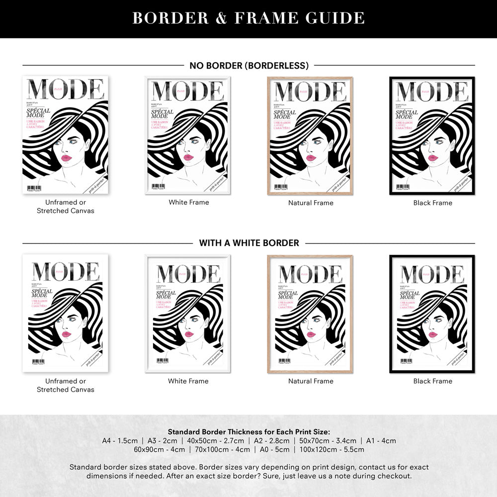 MODE French Fashion Magazine Cover - Art Print, Poster, Stretched Canvas or Framed Wall Art, Showing White , Black, Natural Frame Colours, No Frame (Unframed) or Stretched Canvas, and With or Without White Borders