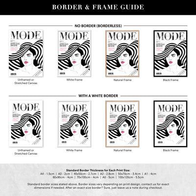MODE French Fashion Magazine Cover - Art Print, Poster, Stretched Canvas or Framed Wall Art, Showing White , Black, Natural Frame Colours, No Frame (Unframed) or Stretched Canvas, and With or Without White Borders