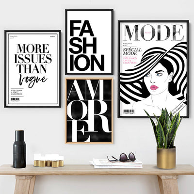 MODE French Fashion Magazine Cover - Art Print, Poster, Stretched Canvas or Framed Wall Art, shown framed in a home interior space