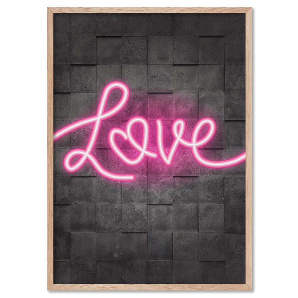 Love Neon - Art Print, Poster, Stretched Canvas, or Framed Wall Art Print, shown in a natural timber frame
