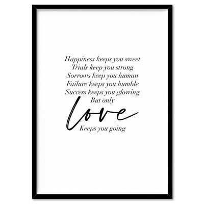 Love Keeps You Going Quote - Art Print, Poster, Stretched Canvas, or Framed Wall Art Print, shown in a black frame