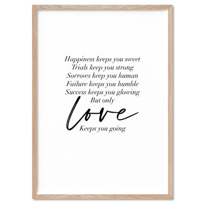 Love Keeps You Going Quote - Art Print, Poster, Stretched Canvas, or Framed Wall Art Print, shown in a natural timber frame