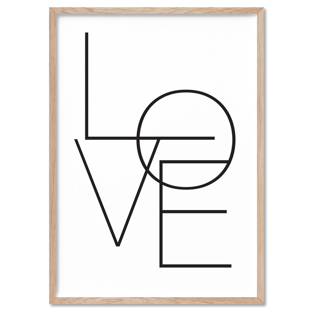 LOVE | Simple Black on White - Art Print, Poster, Stretched Canvas, or Framed Wall Art Print, shown in a natural timber frame