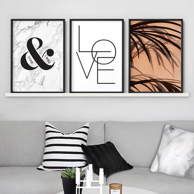 LOVE | Simple Black on White - Art Print, Poster, Stretched Canvas or Framed Wall Art, shown framed in a home interior space