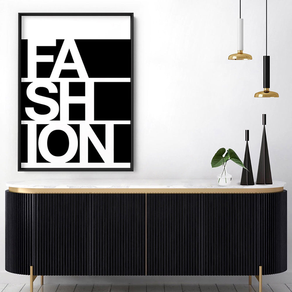 FASHION on black - Art Print, Poster, Stretched Canvas or Framed Wall Art Prints, shown framed in a room