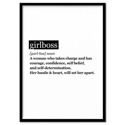 Girlboss Definition - Art Print, Poster, Stretched Canvas, or Framed Wall Art Print, shown in a black frame