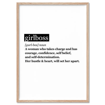Girlboss Definition - Art Print, Poster, Stretched Canvas, or Framed Wall Art Print, shown in a natural timber frame