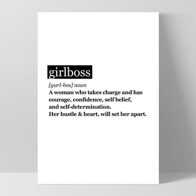 Girlboss Definition - Art Print, Poster, Stretched Canvas, or Framed Wall Art Print, shown as a stretched canvas or poster without a frame