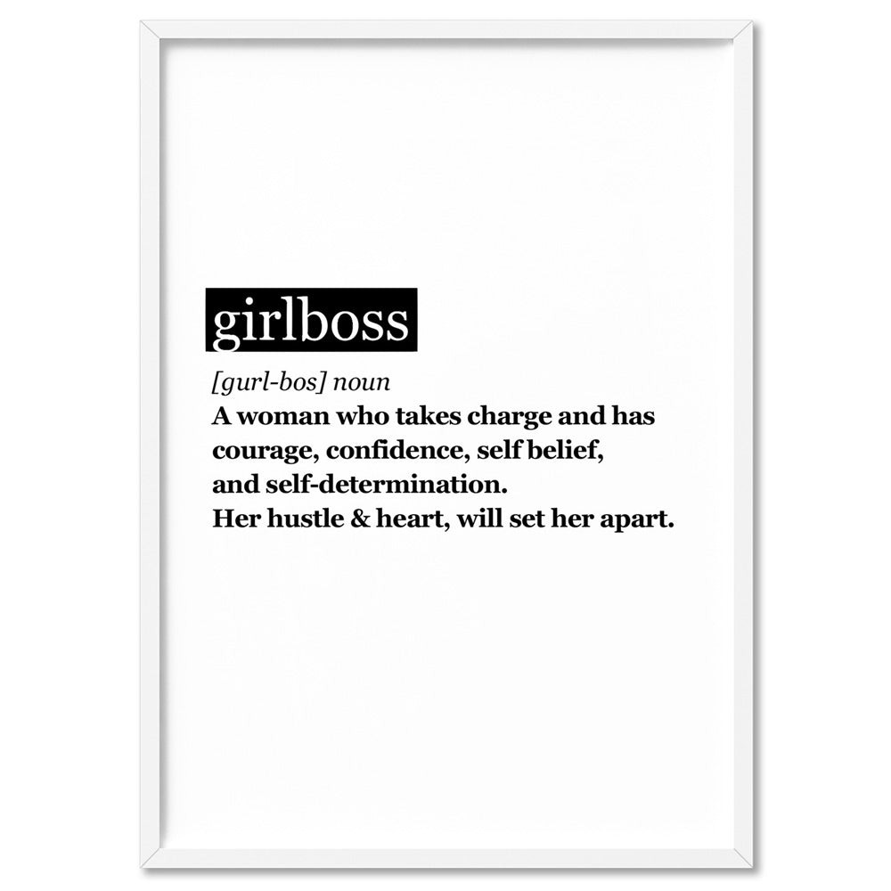 Girlboss Definition - Art Print, Poster, Stretched Canvas, or Framed Wall Art Print, shown in a white frame