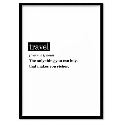 Travel Definition - Art Print, Poster, Stretched Canvas, or Framed Wall Art Print, shown in a black frame