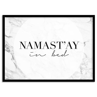 Namastay in Bed - Art Print, Poster, Stretched Canvas, or Framed Wall Art Print, shown in a black frame