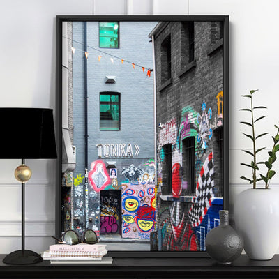Melbourne Street Art / Hosier Lane TONKA - Art Print, Poster, Stretched Canvas or Framed Wall Art Prints, shown framed in a room