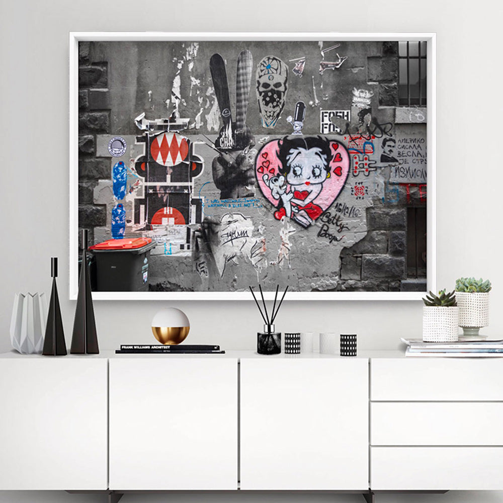 Melbourne Street Art / Hosier Lane Betty Boop - Art Print, Poster, Stretched Canvas or Framed Wall Art Prints, shown framed in a room