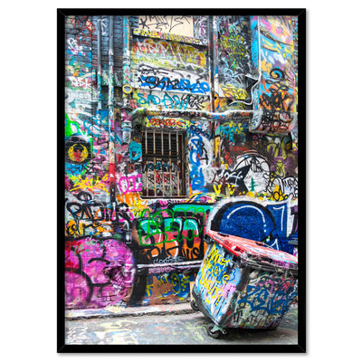 Melbourne Street Art / Hosier Lane Bin - Art Print, Poster, Stretched Canvas, or Framed Wall Art Print, shown in a black frame